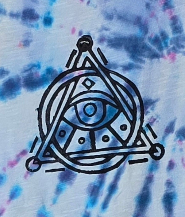Black geometric symbol on a tie-dye background