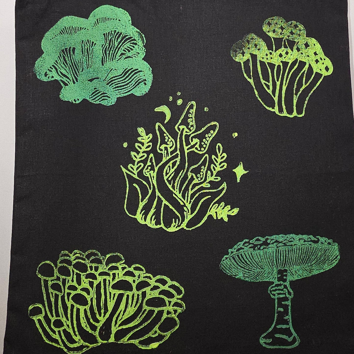 Green 5 Mushroom Hand-Printed Linocut Large Tote Bag