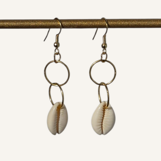 Shell earrings hanging on a gold earring stand against a white background