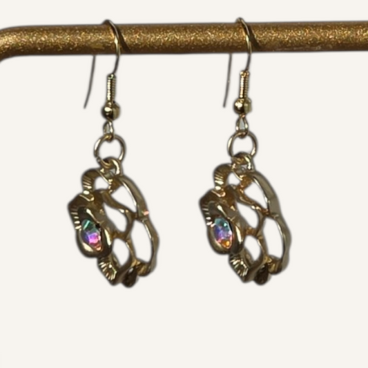 Gold Rose with Rhinestone Charm Earrings – Gold Fish Hook