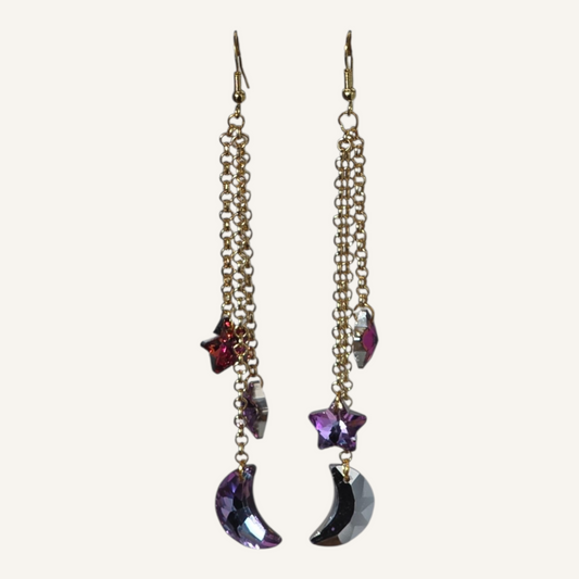 Purple Moon and Stars Dangle Charmed Earrings – Gold Fish Hook