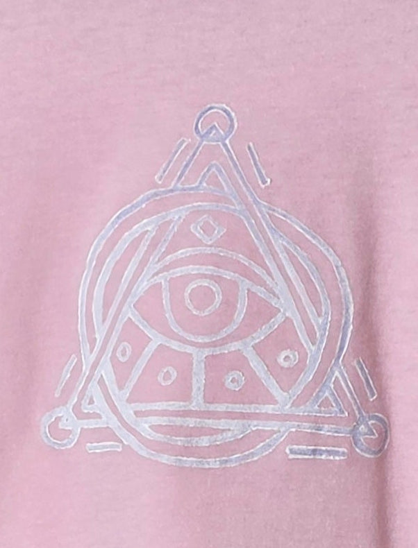 White geometric design on a pink background