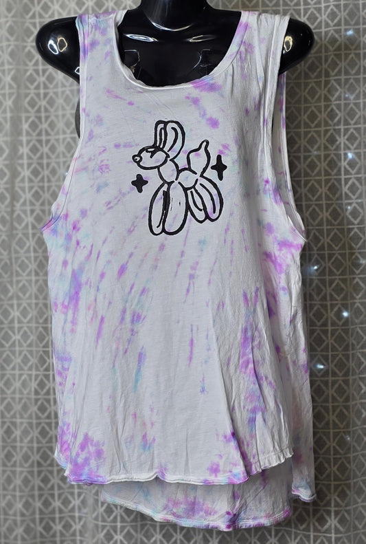 Tie-dye tank top with a  balloon animal graphic design on a mannequin against a patterned wall.