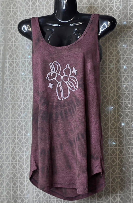 Bleach Dyed tank top with a white balloon animal graphic on a mannequin against a patterned wall.