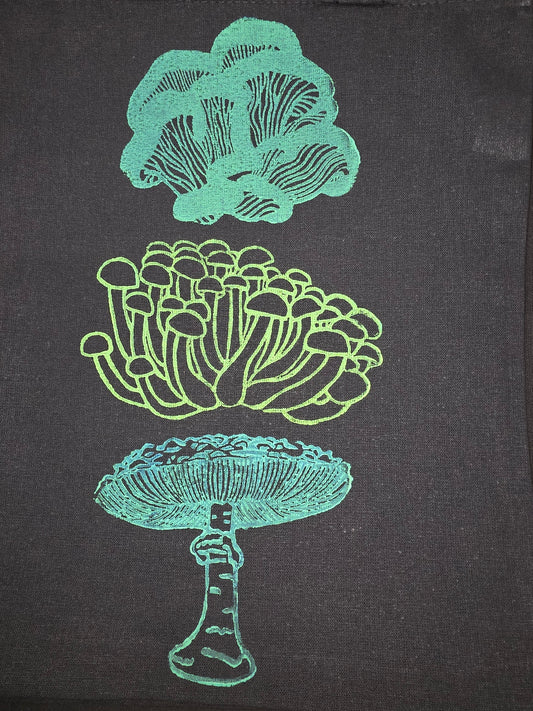 3 Green Mushroom Hand-Printed Linocut  Small Tote Bag