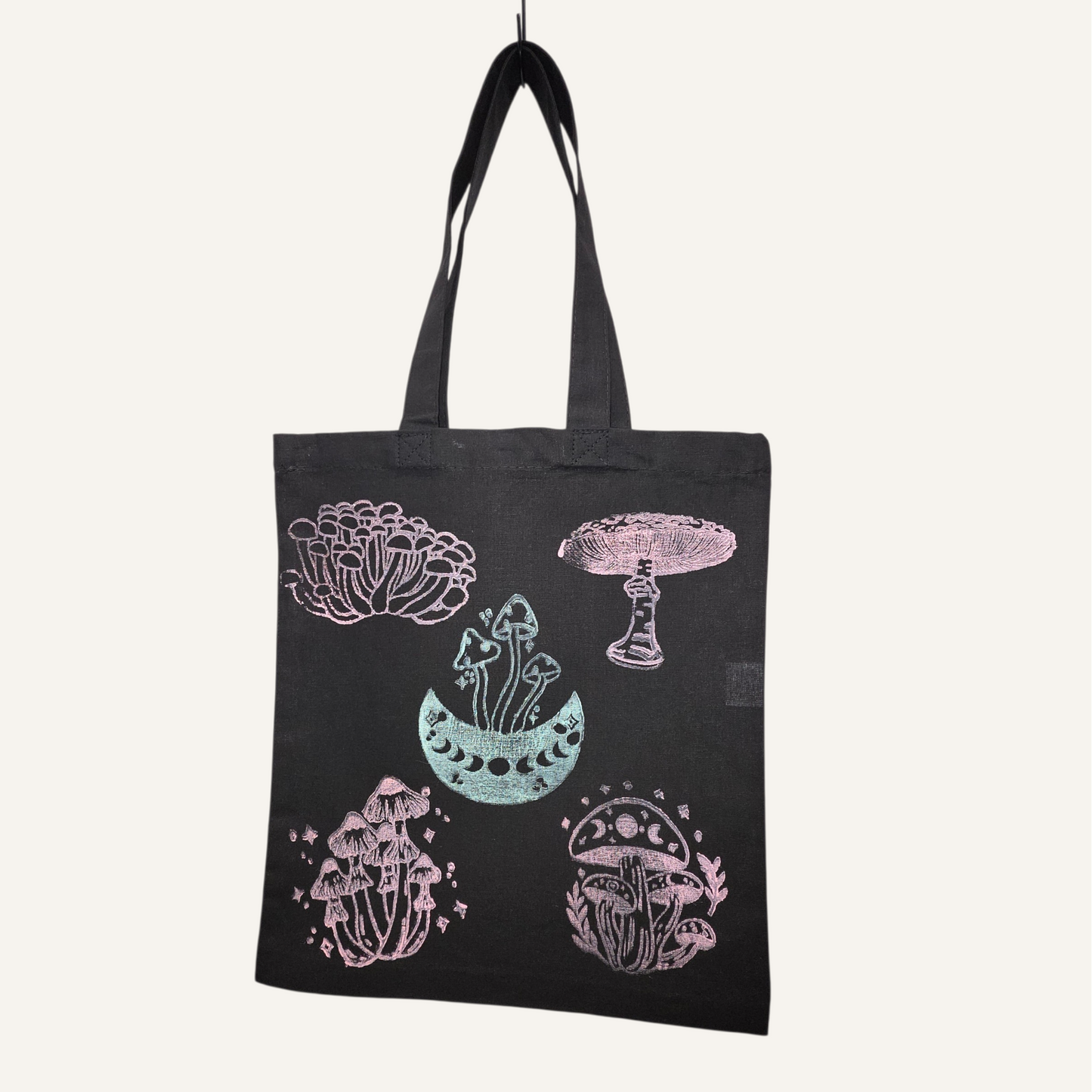 Green & Pink 5 Mushroom Hand-Printed Linocut Large Tote Bag