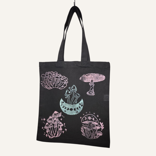 Green & Pink 5 Mushroom Hand-Printed Linocut Large Tote Bag