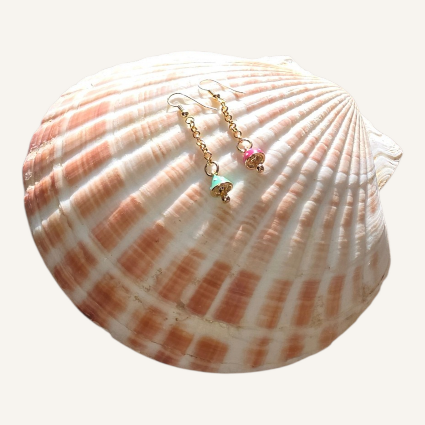 Pink & Green Mushroom Charm Gold Dangle Earrings – Gold Fish Hook