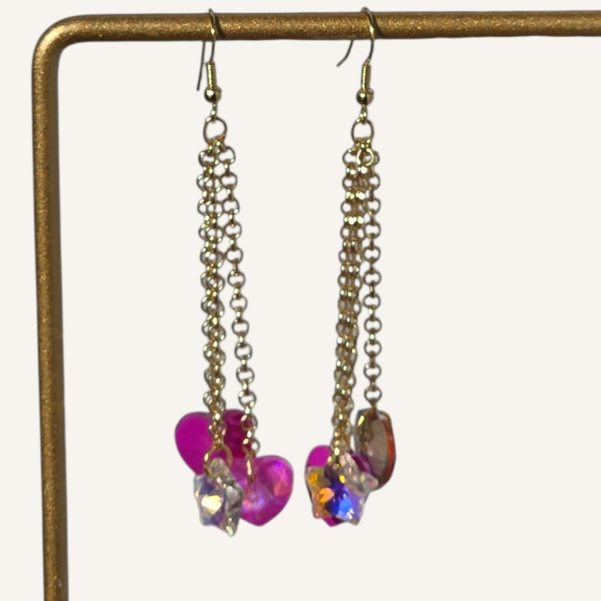 Pink Heart Dangle Charmed Earrings – Gold Fish Hook