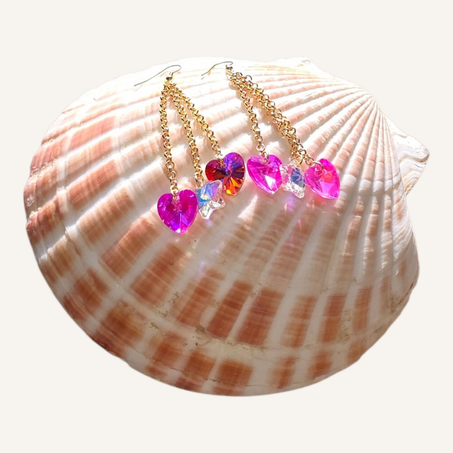 Pink Heart Dangle Charmed Earrings – Gold Fish Hook