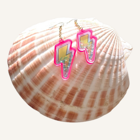 Pink Lightning Bolt Charm Dangle Earrings – Gold Fish Hook