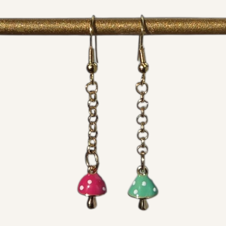 Pink & Green Mushroom Charm Gold Dangle Earrings – Gold Fish Hook