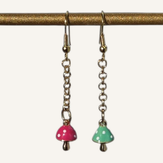 Pink & Green Mushroom Charm Gold Dangle Earrings – Gold Fish Hook